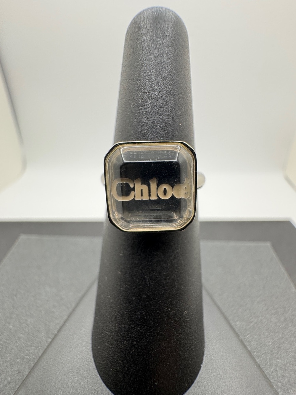 Chloe Clear Square Logo Silver-Toned Ring Size 6
